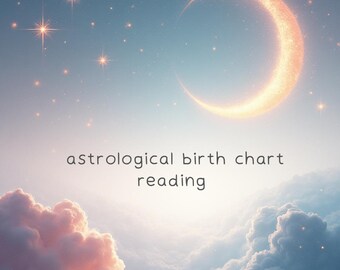 May include: A celestial image with a crescent moon and stars set against a dreamy sky. The lower part of the image is filled with fluffy pink and blue clouds. The text "astrological birth chart reading" is displayed.