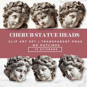 May include: Six weathered cherub statue heads with floral crowns are arranged on a white background. The text "CHERUB STATUE HEADS" is displayed in a bold font, along with details about the clip art set.