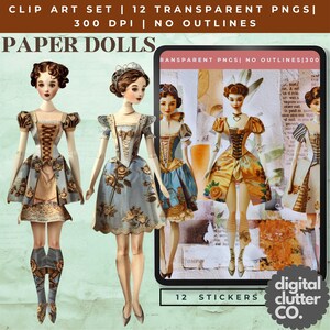May include: A digital clip art set of paper dolls in vintage dresses. The set includes 12 transparent PNGs with no outlines, each doll in detailed, antique-inspired attire. The image also includes the text "PAPER DOLLS" and "12 STICKERS".