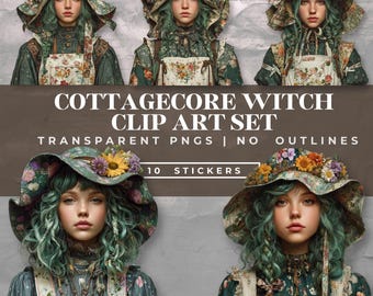 Cottagecore Green Witch Clip Art Set | Soft Forest Witch PNG Stickers