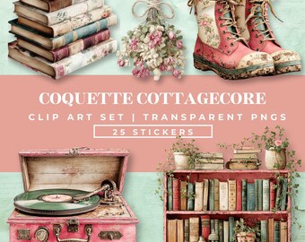 Coquette Cottage Clip Art | 25 Cozy Vintage Pink Cottagecore Digital Stickers