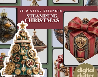 May include: Digital stickers featuring steampunk Christmas ornaments and decorations. The image includes a Christmas tree made of gears, a gift box with a red bow, and various ornaments with a metallic finish. The text reads "25 Digital Stickers Steampunk Christmas".