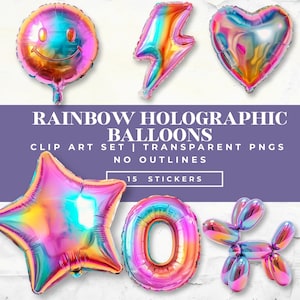 Rainbow Foil Balloon Clipart | Holographic PNG Set (Digital Download)