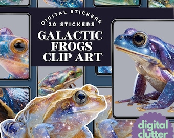 Può includere: Opera d'arte digitale con una collezione di rane galattiche. Le rane sono raffigurate con colori e trame vivaci, che ricordano nebulose e galassie. Il testo "DIGITAL STICKERS 20 STICKERS GALACTIC FROGS CLIP ART" è visualizzato.