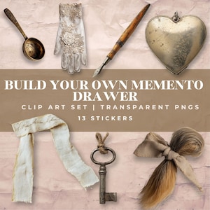 ClipArt med minneslåda | Vintage souvenirer PNG | Minneskortsuppsättning | Clipart med antika föremål | Skräpjournal