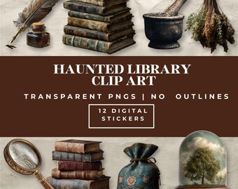 Haunted Library Clip Art – 12 Transparent PNG Stickers | Limited Commercial License Included