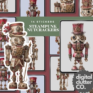 May include: A sheet of 14 stickers featuring steampunk nutcrackers. The nutcrackers have a mechanical design with gears, rivets, and a red and cream color scheme. The stickers are in a grid pattern with a green banner that reads "14 Stickers Steampunk Nutcrackers".