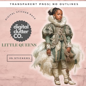 Puede incluir: Paquete de pegatinas digitales con una ilustración real de una persona joven con un elaborado disfraz histórico con una falda de plumas. El texto dice "LITTLE QUEENS" y "25 STICKERS". El fondo es rosa texturizado.