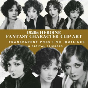 May include: A collection of black and white digital portraits featuring women with short, wavy 1920s-style hair. The text reads: 1920s HEROINE FANTASY CHARACTER CLIP ART, TRANSPARENT PNGS | NO OUTLINES, 8 DIGITAL STICKERS. These are vintage-inspired graphics.