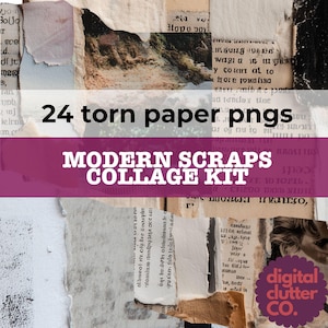 May include: A digital collage kit showcasing 24 torn paper PNGs. The image presents a variety of paper fragments with visible text and textures. The text "24 torn paper pngs" and "MODERN SCRAPS COLLAGE KIT" are clearly visible.