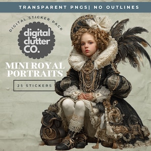 Puede incluir: Paquete de pegatinas digitales con un retrato real de un niño. La imagen incluye el texto "MINI ROYAL PORTRAITS" y "25 STICKERS". El niño lleva un atuendo negro y dorado con un gran cuello blanco y un sombrero con plumas.
