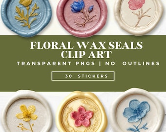 Sellos de cera florales: pegatinas digitales Cottagecore (30 PNG). Licencia comercial limitada incluida.