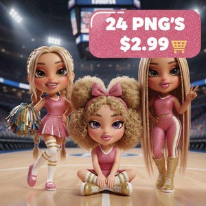 Puede incluir: Tres muñecas de dibujos animados con trajes rosas, una con un pompón. Las muñecas tienen el pelo rubio y están en una cancha de baloncesto. Una pancarta rosa brillante en la parte superior dice "24 PNG'S".