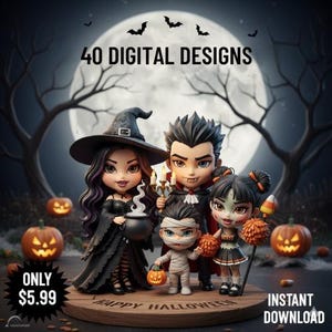 Puede incluir: Imagen de diseño digital con temática de Halloween. Presenta figuras de bruja, vampiro, momia y animadora. El fondo incluye una luna llena, murciélagos y calabazas talladas. El texto dice "40 DIGITAL DESIGNS" y "HAPPY HALLOWEEN".