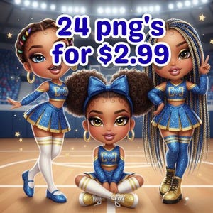 Puede incluir: En esta imagen se presentan tres animadoras de dibujos animados con uniformes azules y dorados. El texto "24 png's for $2.99" se muestra encima de las animadoras. Las animadoras están en una cancha de baloncesto.