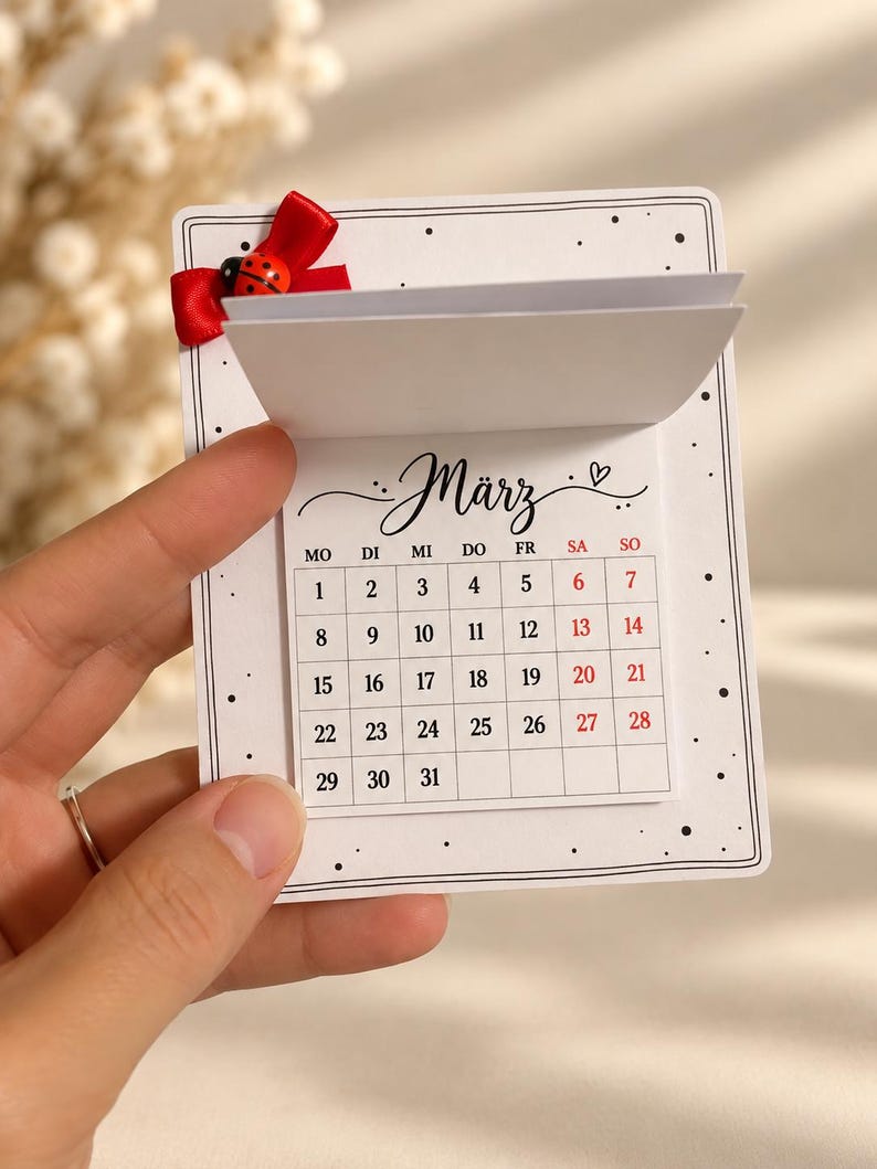 May include: A white paper calendar for the month of M&auml;rz featuring a grid of dates from 1 to 31. The top left corner is decorated with a small red ribbon bow and a ladybug charm. The calendar has a black border with small dots.
