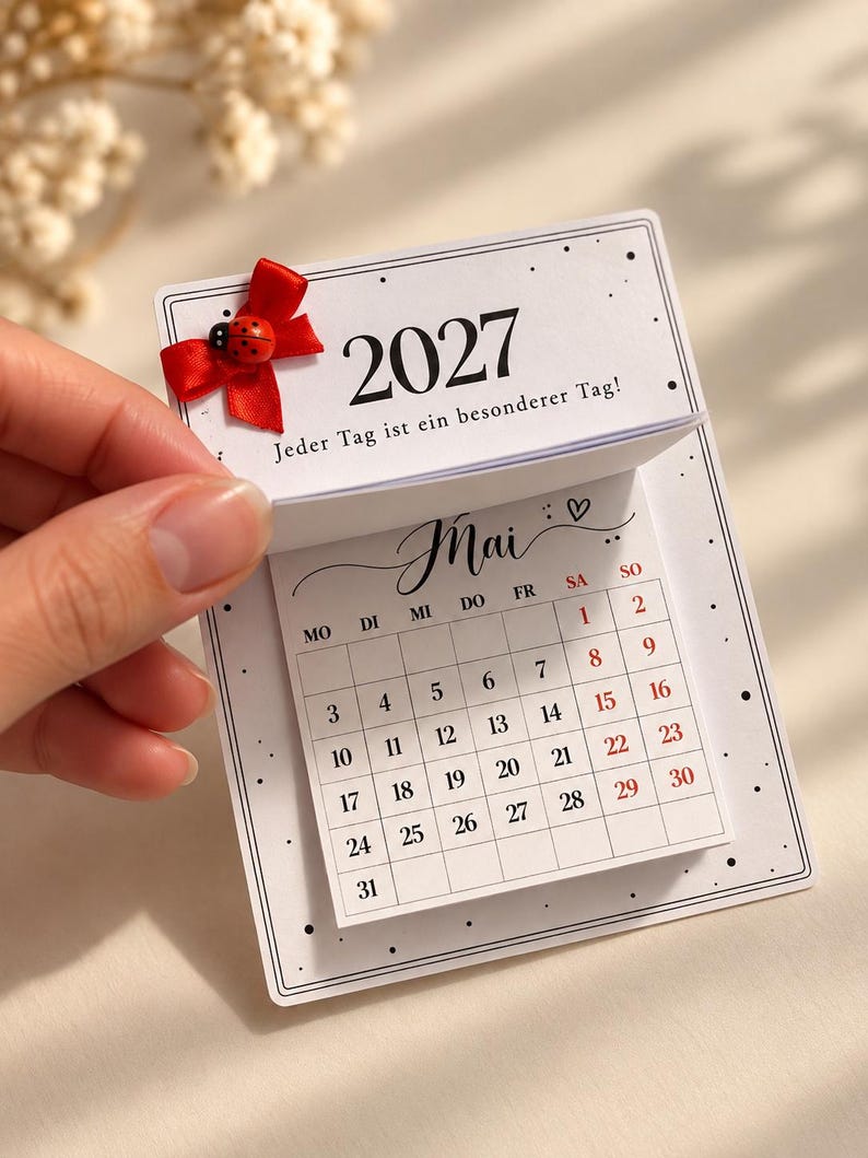 May include: A 2027 wall calendar with a white background, black text, and a red ribbon bow featuring a small ladybug embellishment. The top page displays the text '2027' and 'Jeder Tag ist ein besonderer Tag!', while the page below shows the month of May.