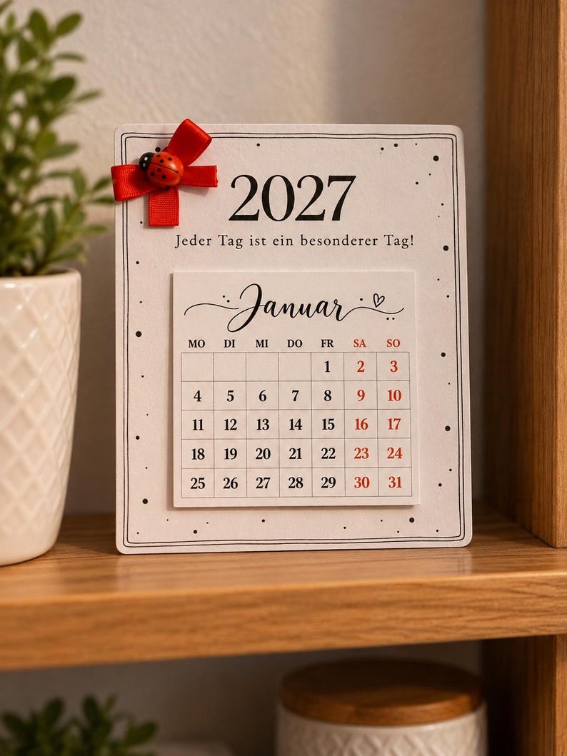May include: A rectangular 2027 calendar card featuring the text 'Jeder Tag ist ein besonderer Tag!' and a January grid. The card is decorated with a red ribbon bow and a small ladybug embellishment, set against a white background with black dots.