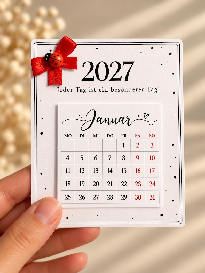 Mini Kalender 2027, Tischkalender, Weihnachtsgeschenk, Glücksbringer, Marienkäfer, Geschenkidee, Silvester, Weihnachten, Kollegen, Familie, Bestseller