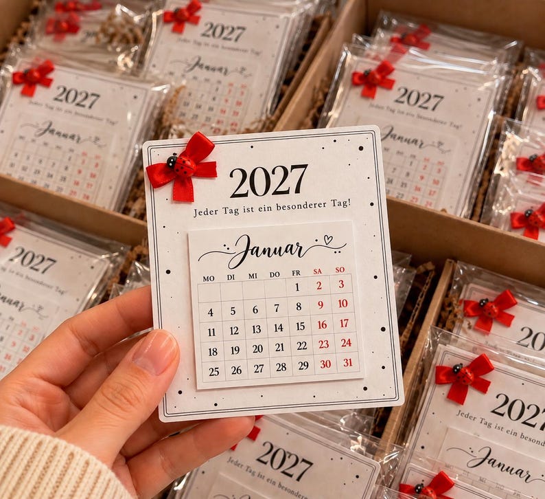 Mini Kalender 2027, Tischkalender, Weihnachtsgeschenk, Glücksbringer, Marienkäfer, Geschenkidee, Silvester, Weihnachten, Kollegen, Familie, Bestseller