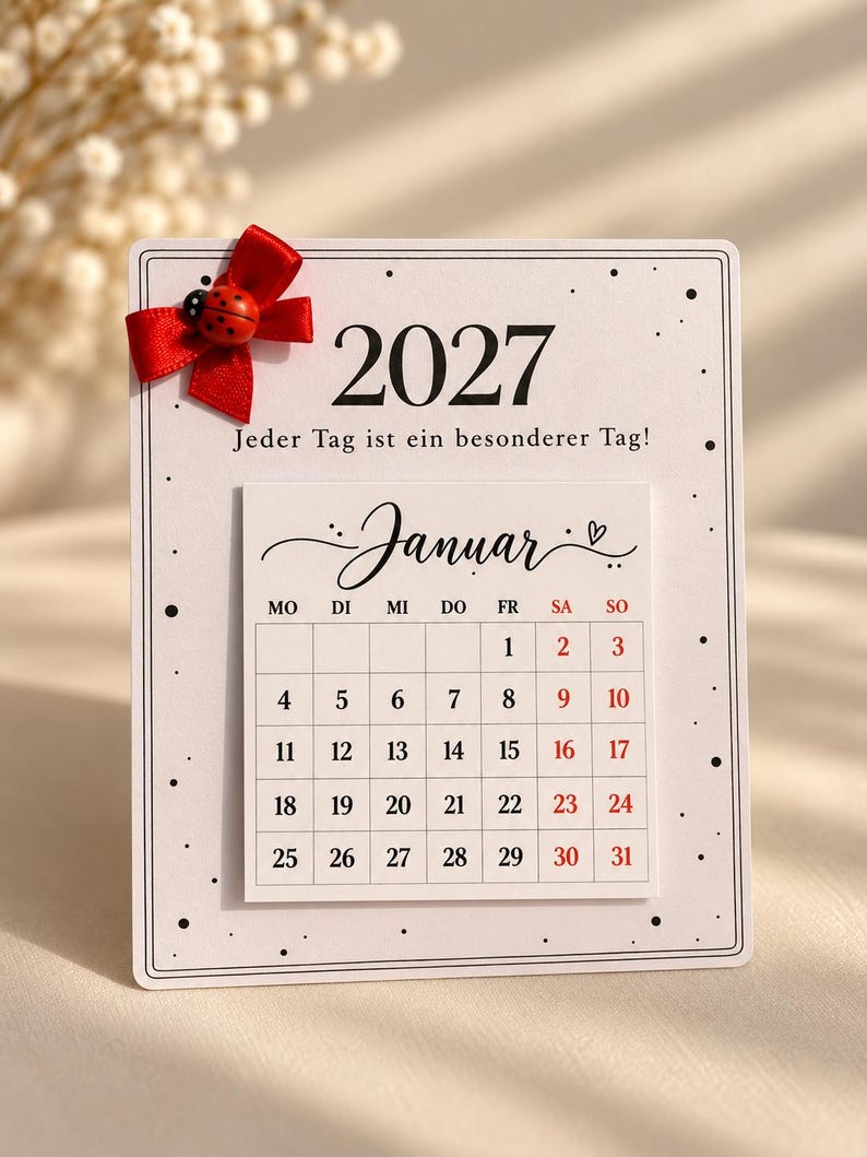 Mini Kalender 2027, Tischkalender, Weihnachtsgeschenk, Glücksbringer, Marienkäfer, Geschenkidee, Silvester, Weihnachten, Kollegen, Familie, Bestseller