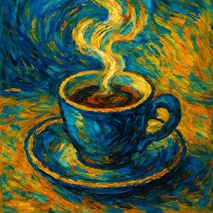 Può includere: Dipinto impressionista di una tazza e un piattino da caffè. La tazza e il piattino sono prevalentemente blu con accenti gialli e arancioni. Il vapore sale dal caffè marrone scuro, su uno sfondo vorticoso di blu, giallo e arancione.