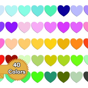 May include: A collection of 40 heart-shaped graphics in various colors, arranged in rows. Colors include shades of blue, purple, pink, orange, yellow, green, and red. A banner displays the text "40 Colors".