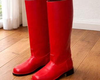 Handmade Tall German Style Officer Boot | Red Leather, Round-Toe, Vintage Military Style