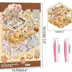 May include: A collage scene material collection book measuring 19.1 inches by 13.7 inches, featuring multi-level room illustrations with bear characters. Includes a 5.5 by 5.1 inch scene insert and two 4.3 inch pink tweezers for assembly.
