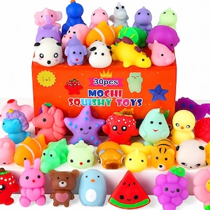 May include: A collection of 30 colorful mochi squishy toys in various animal, fruit, and shape designs, displayed in front of an orange box labeled 30pcs MOCHI SQUISHY TOYS. The soft, tactile figures feature vibrant colors and simple faces.