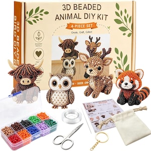 May include: A 3D beaded animal DIY kit featuring a cardboard box labeled 3D BEADED ANIMAL DIY KIT, four finished beaded animal figures including a highland cow, owl, deer, and red panda, a bead organizer, clear string, scissors, and a pouch.