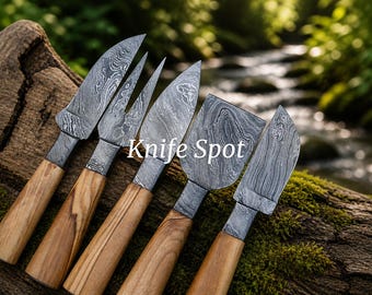 Set di 5 coltelli da formaggio Damasco fatti a mano con manico in legno d'ulivo, coltelli da bistecca, regalo per il Ringraziamento, regalo di anniversario per il marito, regalo di nozze