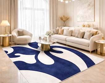 Navy Blue Abstract Hand Tufted Area Rug, Modern Luxury Designer Carpet