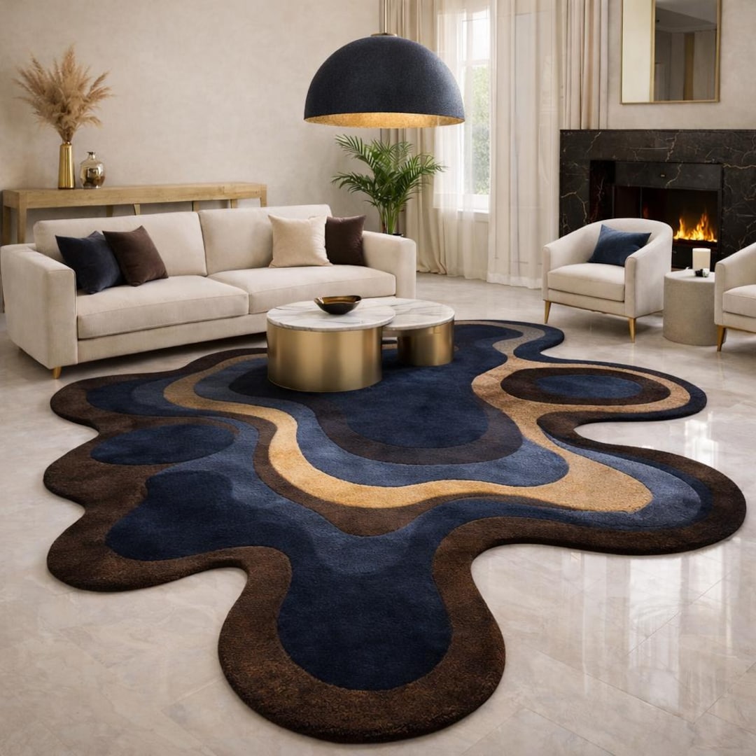 Hand Tufted Wool Rug | Blue Brown Abstract Irregular Carpet - Etsy