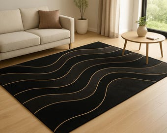 Tapete preto moderno feito à mão com tufos: design luxuoso com linhas onduladas.