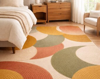 Modern Abstract Circle Wool Area Rug, Scandinavian Boho Carpet
