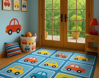 May include: A child's room with a blue rug featuring colorful car designs. The room includes a car-themed mobile, wall art, and a decorative storage bin. A red car-shaped lamp sits on a wooden nightstand. The room has a light blue wall and a wooden door.