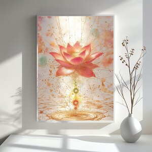 Könnte beinhalten: Gerahmter Kunstdruck mit einer rosa-goldenen Lotusblume. Das Kunstwerk hat einen Aquarellstil mit goldenen Akzenten und einem hellen Hintergrund. Das Bild enthält einen weißen Rahmen und wird auf einer weißen Oberfläche angezeigt.