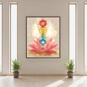 May include: A framed artwork featuring a pink lotus flower with gold coins at the base. Above the flower are colorful, circular chakra symbols. The background is a soft, neutral tone, creating a serene and spiritual aesthetic.