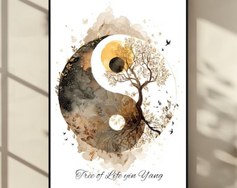 YY004-Yin Yang Arbre de vie Impression d'art | Aquarelle Feng Shui (téléchargement numérique)