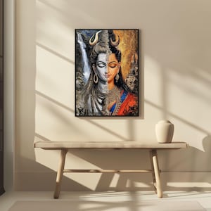 May include: A framed artwork depicting a split image of a deity. One side is grayscale with a waterfall, the other is warm-toned with a temple. The deity is adorned with jewelry and a red and blue garment. The artwork is displayed above a wooden bench.