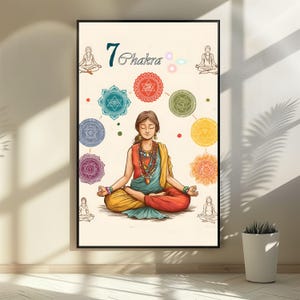 May include: A framed illustration featuring a woman meditating in the lotus position, surrounded by seven colorful chakra symbols. The artwork includes the text "7 Chakra" and is set against a cream-colored background. The woman is wearing colorful clothing and jewelry.