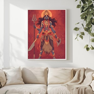 Puede incluir: Impresión enmarcada que presenta una ilustración estilizada de una deidad con múltiples brazos, sosteniendo armas. La figura está representada en tonos azules, dorados y rojos sobre un fondo rojo. La obra de arte es detallada y artística.