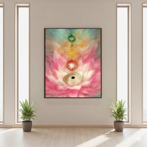 May include: A framed artwork featuring a lotus flower design with a central eye motif. The artwork showcases a vibrant color palette of pink, gold, and teal, with layered details and a spiritual theme. The artwork is displayed on a white wall.