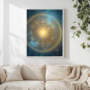 May include: A rectangular wall art print featuring a glowing, golden, circular mandala-like pattern centered against a deep blue, nebulous background. The artwork is encased in a thin white frame and displays intricate, symmetrical light rays.