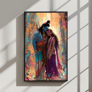 May include: A framed art print depicting a couple in a loving embrace. The man is blue-skinned and holds a trident, adorned with jewelry. The woman wears a purple sari and floral headpiece. The background features colorful, abstract brushstrokes.