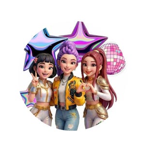 Peut inclure: Illustration de trois jeunes femmes en tenues élégantes, posant avec des gestes de la main. L'image présente une boule disco et des étoiles holographiques en arrière-plan. Les femmes ont des couleurs de cheveux différentes et portent des hauts dorés et blancs, des jeans et une veste jaune.