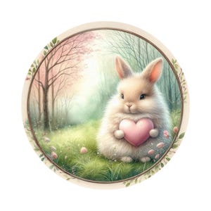May include: A watercolour illustration of a fluffy white rabbit holding a pink heart. The rabbit sits in a grassy field with pink flowers and trees in the background, within a circular frame.