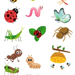 Può includere: Una collezione di illustrazioni di cartoni animati colorati di vari insetti, tra cui un'ape, una libellula, una coccinella, un verme, una farfalla, una cavalletta, una formica, un bruco, un ragno, una lumaca e api intorno a un alveare. Sfondo bianco.