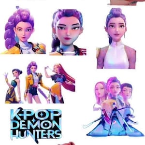 Può includere: Illustrazione digitale di personaggi femminili in stile anime, con diverse acconciature e abiti. L'immagine include il testo "KPOP DEMON HUNTERS" in un design blu e bianco. I personaggi sono in pose dinamiche.